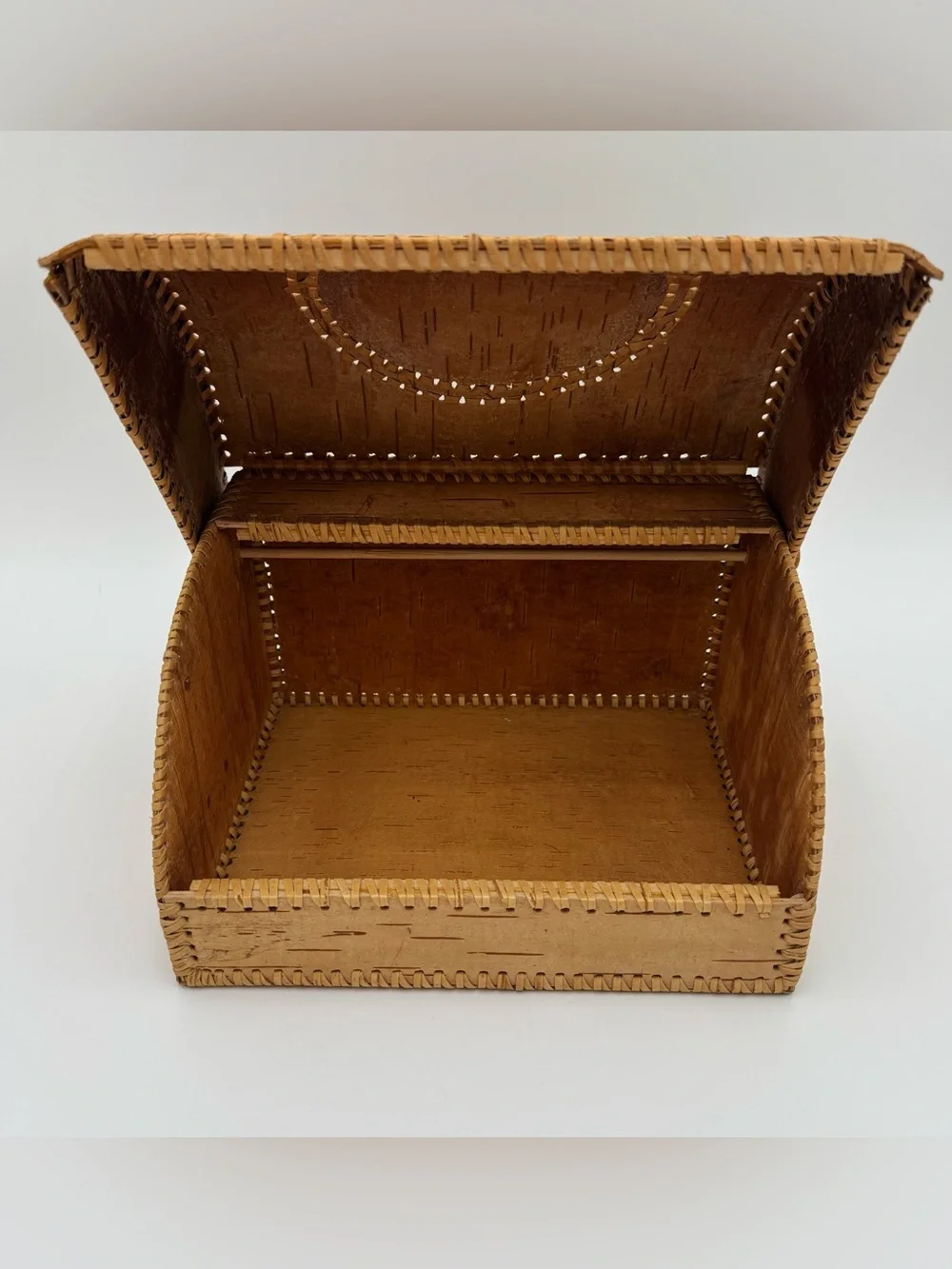 Handcrafted Birch Bark Storage Chest with Bird Carving – Rustic Folk Art
